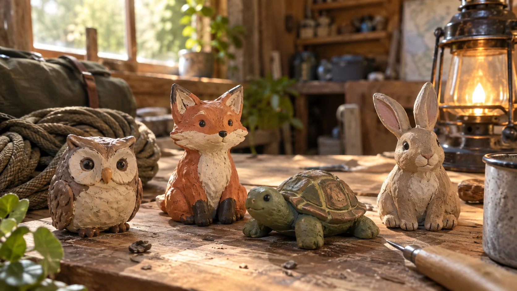 Handmade owl, fox, turtle, and rabbit figures sit on a rustic workbench.
