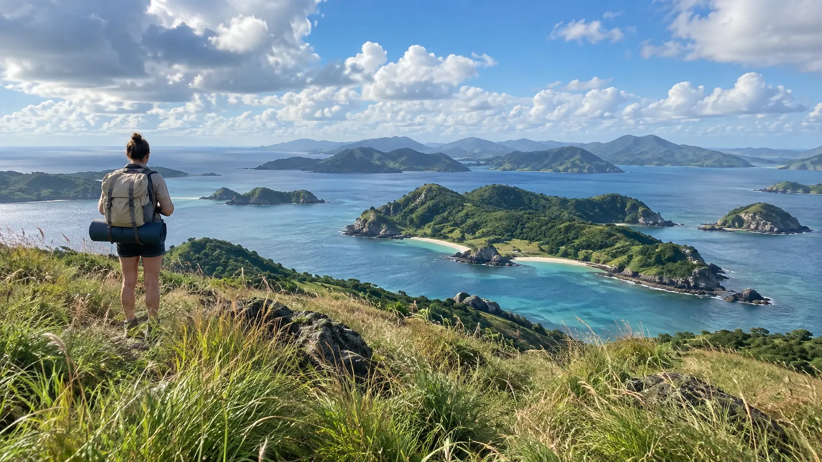 An anonymous hiker overlooks a sweeping archipelago of green islands.