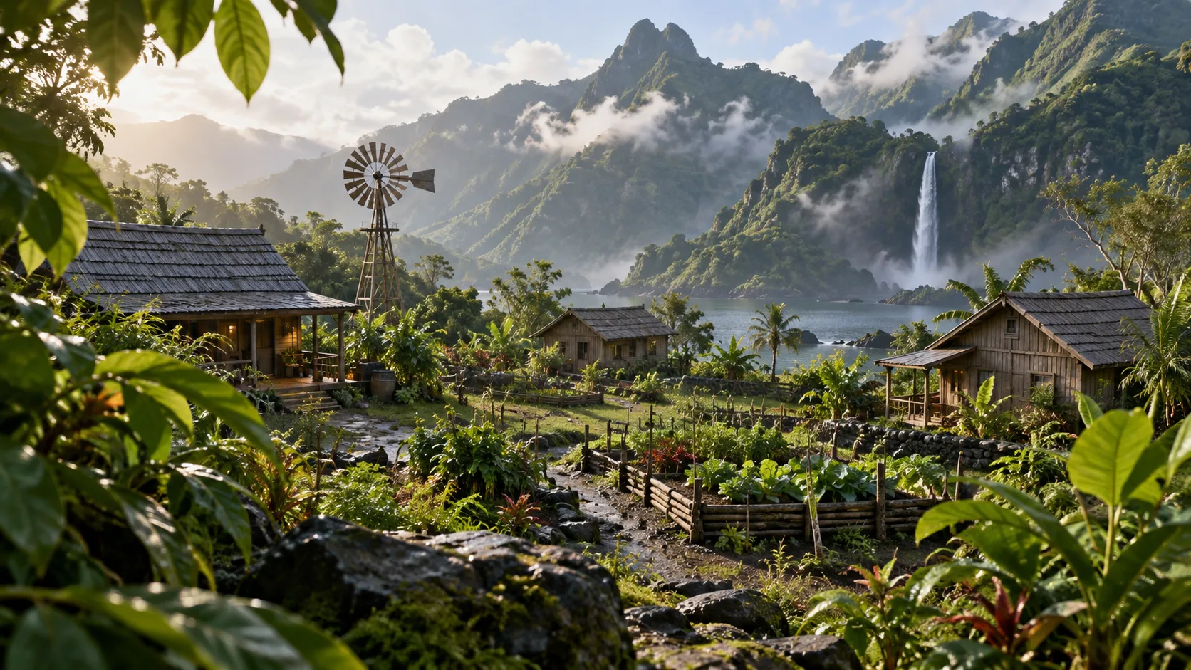Timber cabins and gardens overlook a waterfall on a lush island.