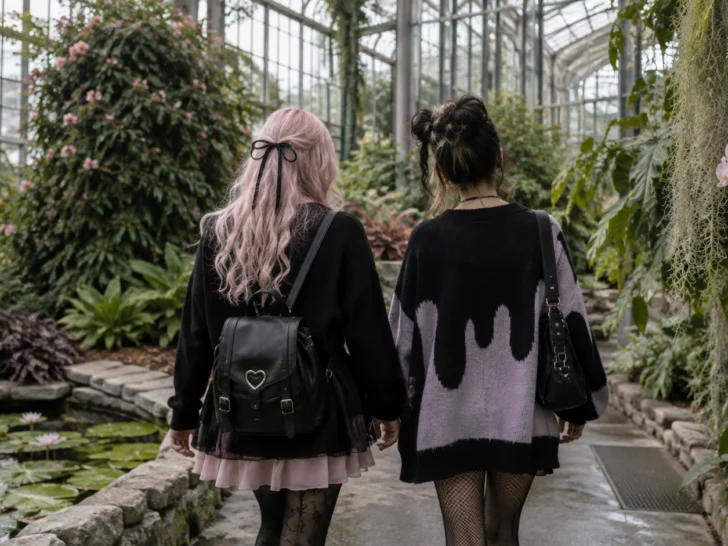 Two friends in black and pastel clothes walk through a lush greenhouse.