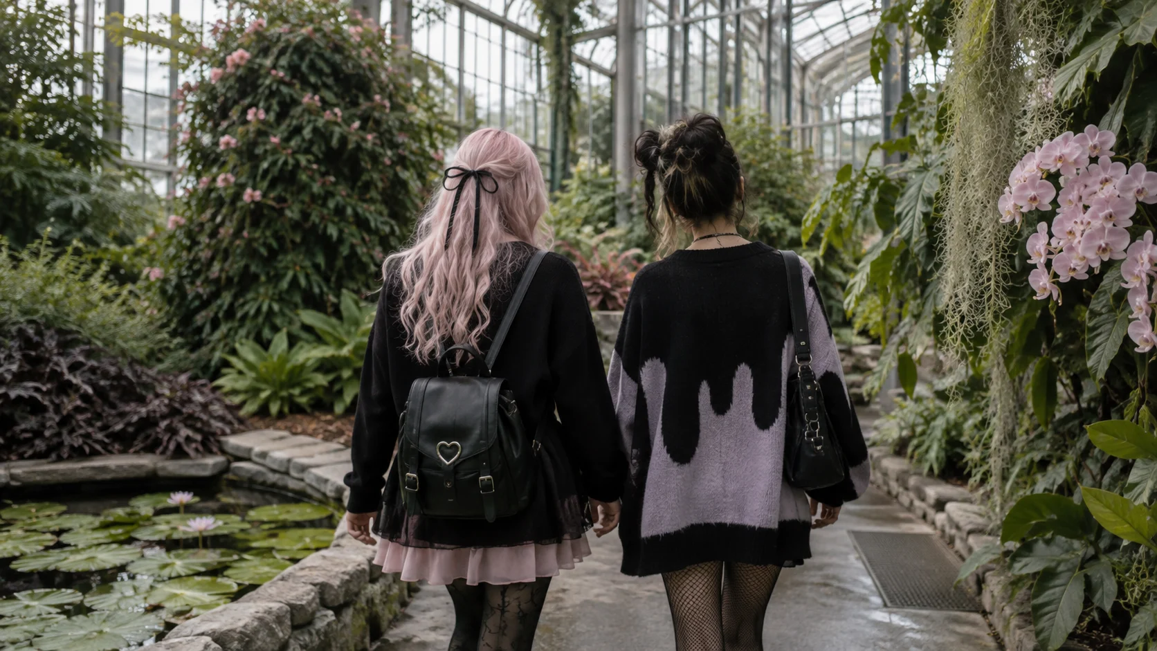 Two friends in black and pastel clothes walk through a lush greenhouse.