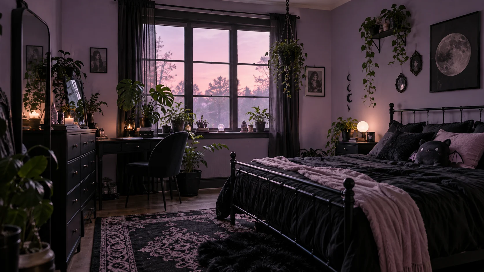A lavender and black bedroom studio glows in soft pink evening light.