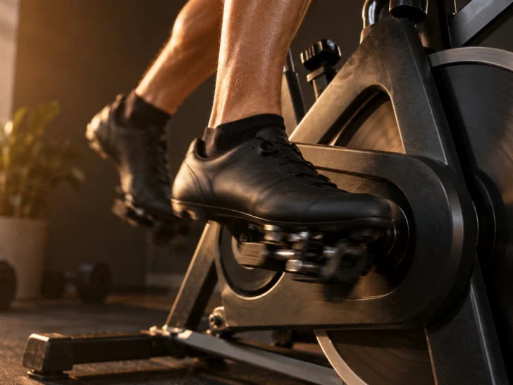 Plain black cycling shoes pedaling an unbranded stationary bike in warm light