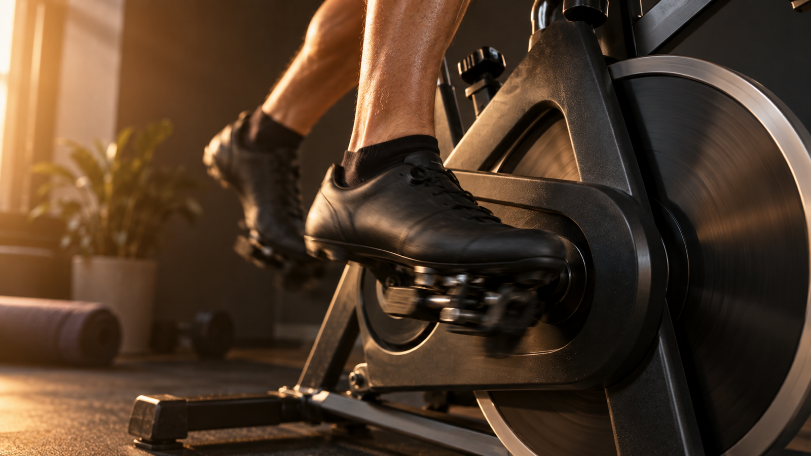 Plain black cycling shoes pedaling an unbranded stationary bike in warm light