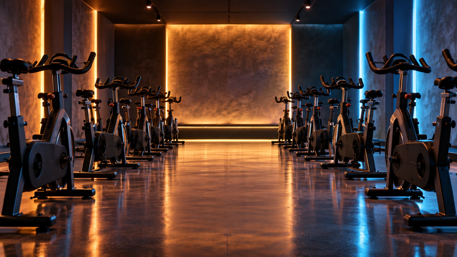 Rows of unbranded stationary bikes in an empty amber and blue studio