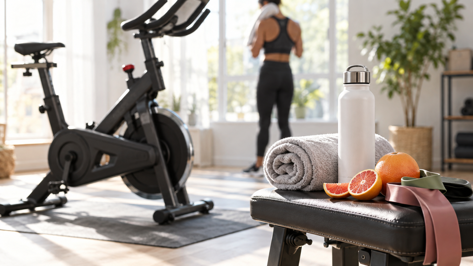 Towel plain water bottle citrus and resistance bands beside an exercise bike