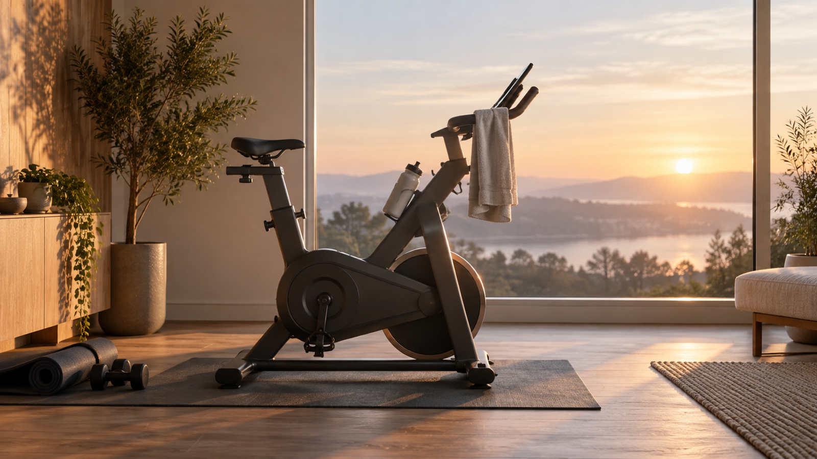 Unbranded stationary bicycle in a bright home training room at sunrise