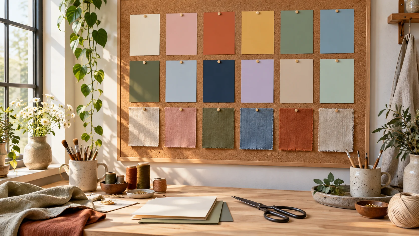 Blank color cards and fabric samples fill a sunlit craft mood board.