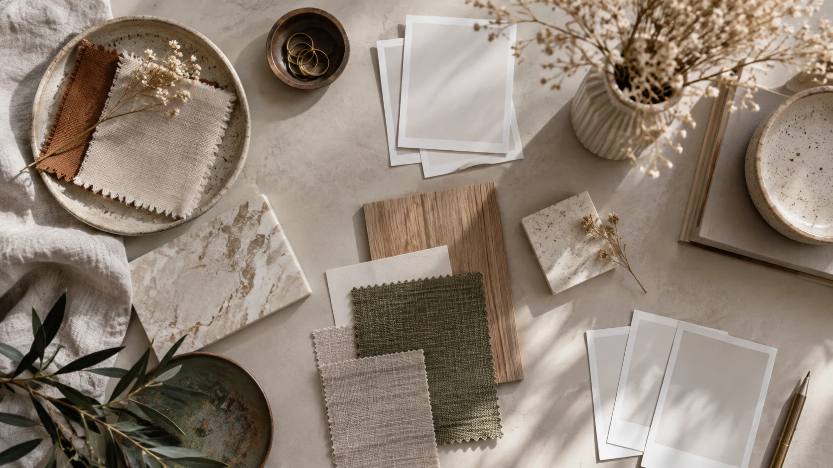 Fabric, wood, stone, dried flowers, and blank prints form a neutral inspiration table.