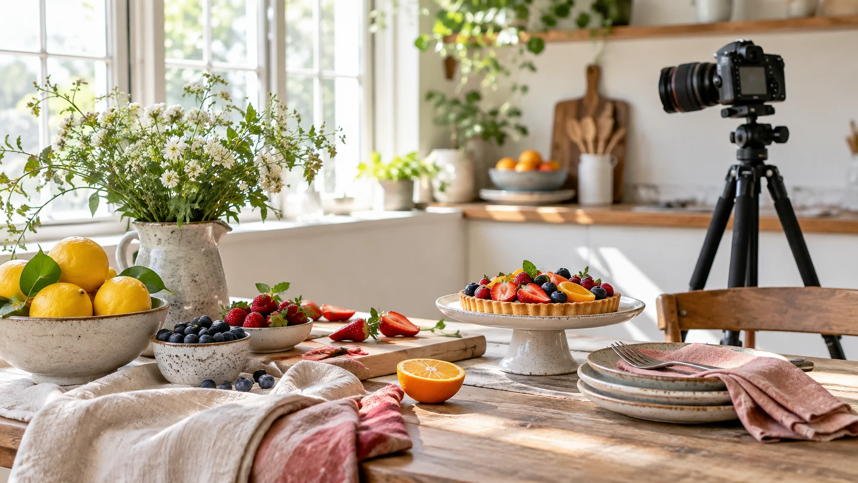 Fresh fruit and a berry tart are arranged for photography in a bright kitchen.