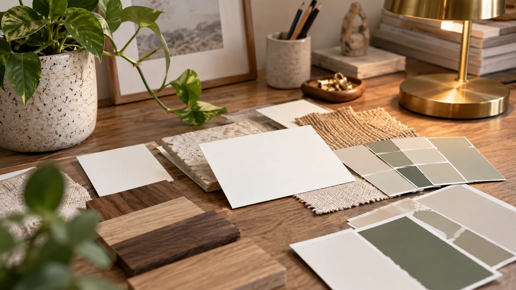 Wood, stone, fabric, and blank paint swatches cover an interior design workbench.