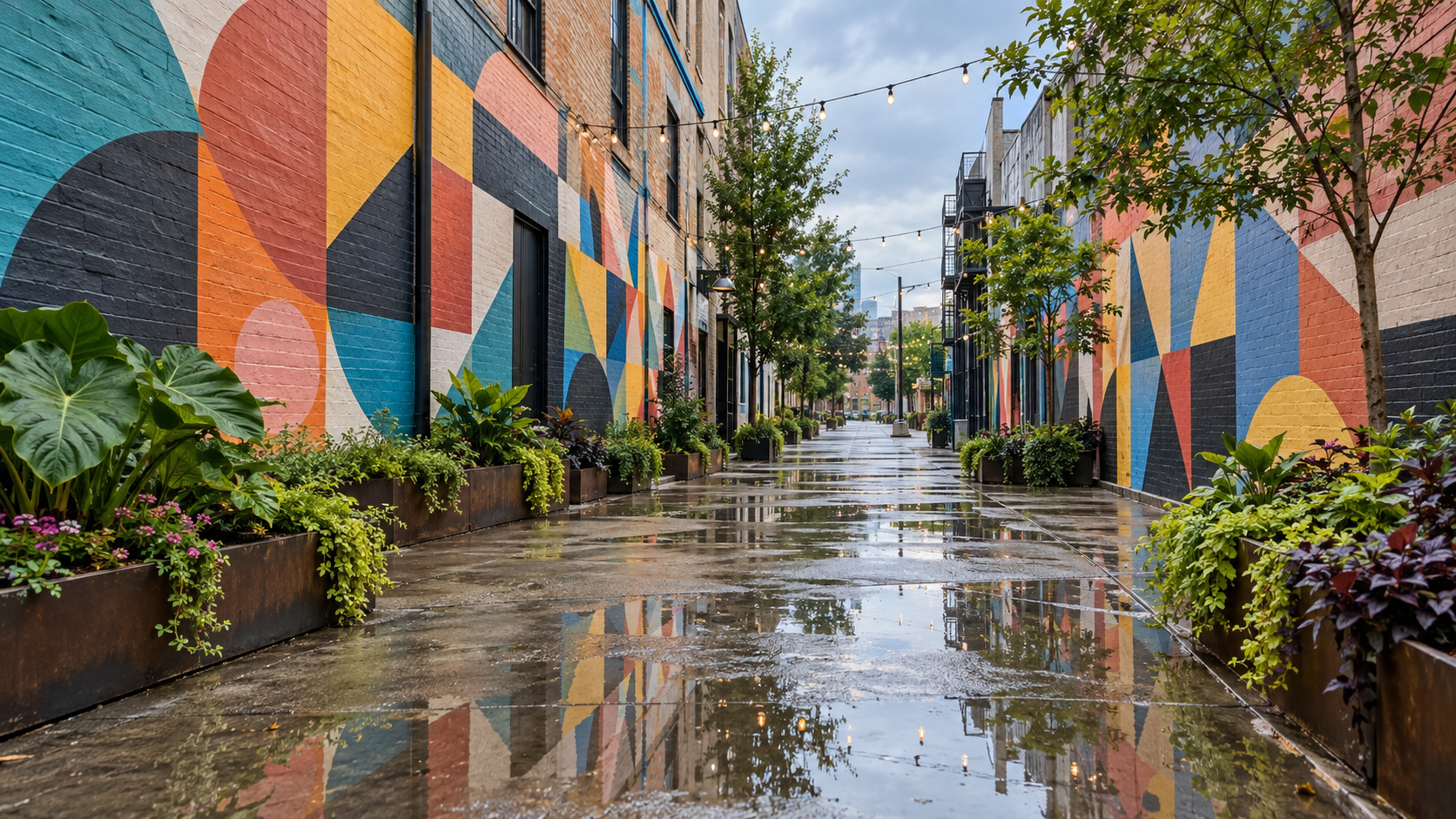 Colorful geometric murals reflect in a rain-wet pedestrian alley.