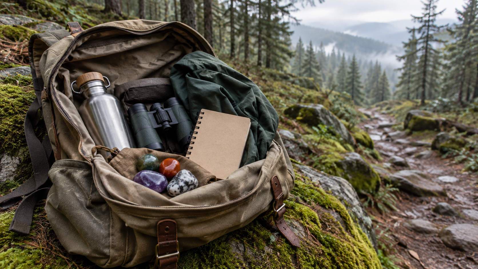 An open backpack with hiking gear and colorful stones rests beside a forest trail.