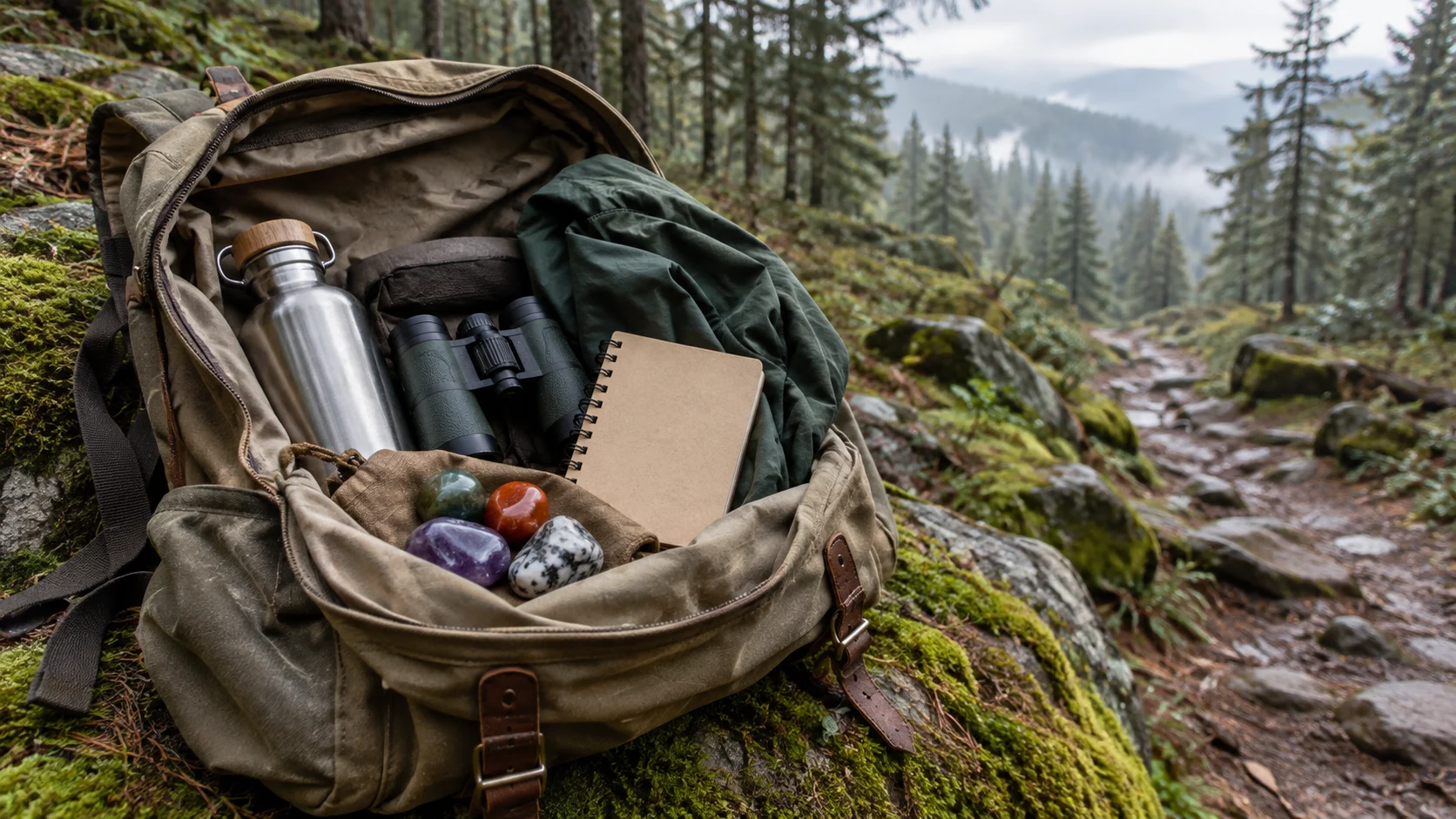 An open backpack with hiking gear and colorful stones rests beside a forest trail.