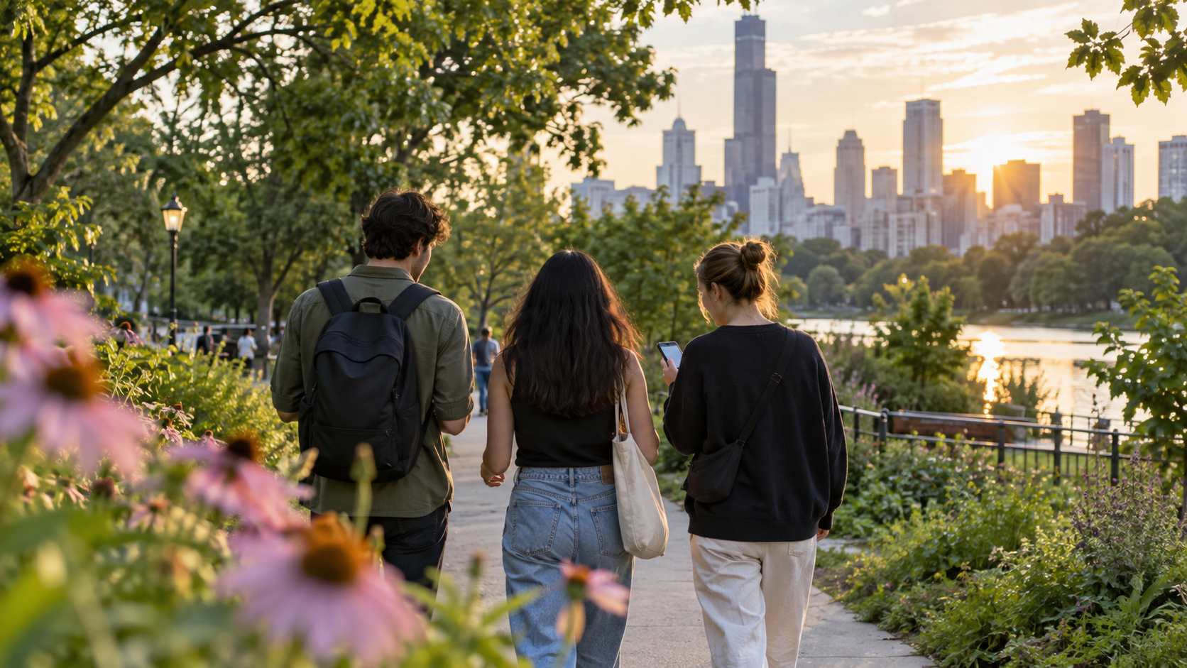 Three friends walk through a city park during golden hour.