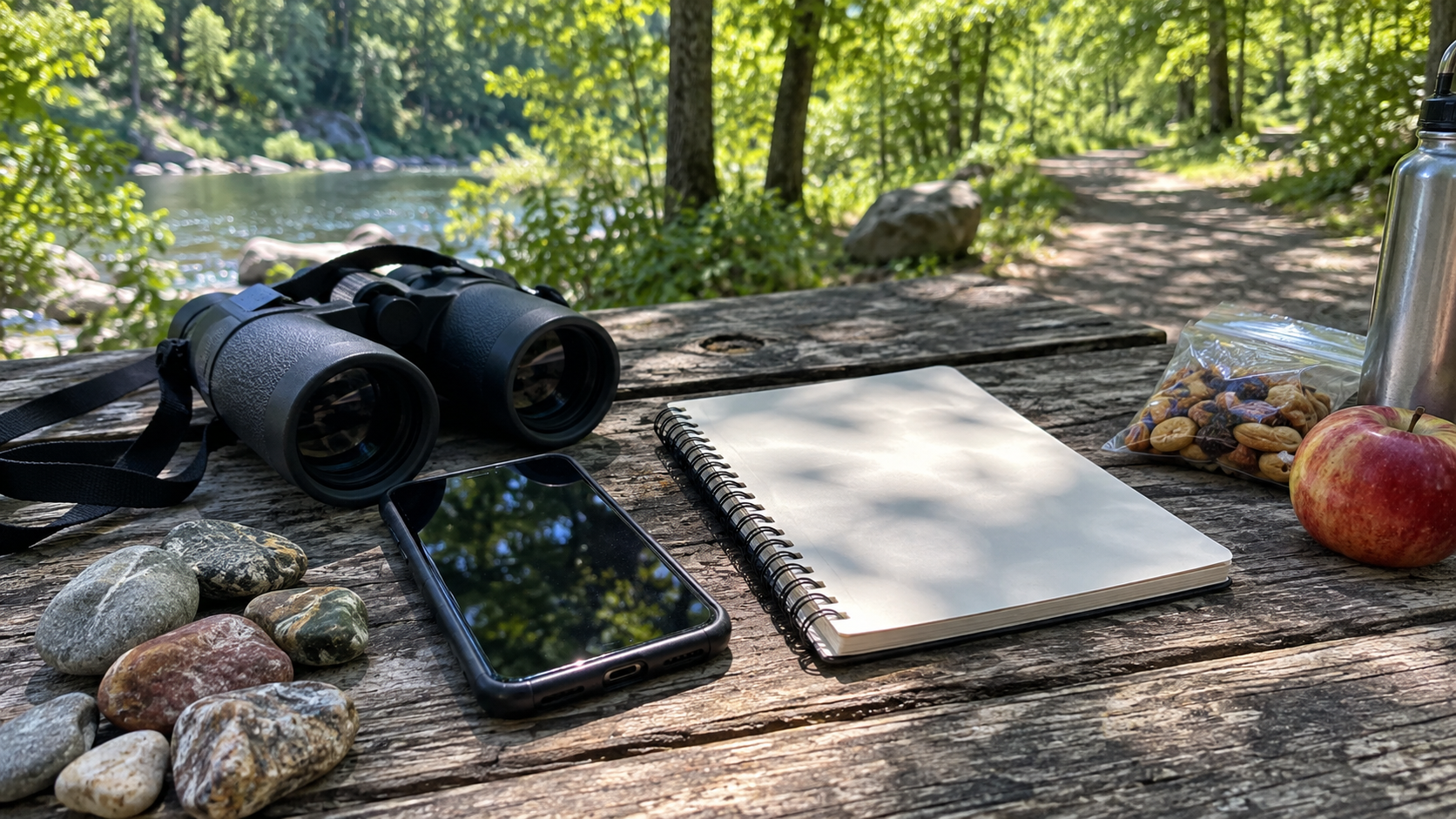 A dark-screen phone, binoculars, blank notebook, snacks, and stones rest on a picnic table.