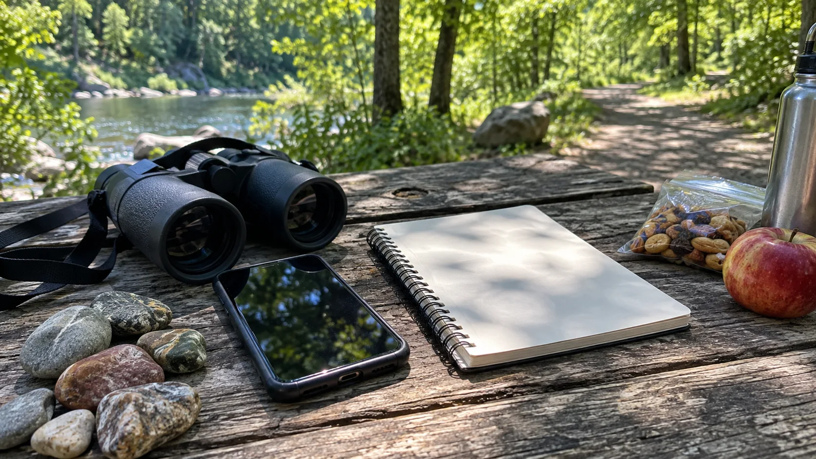 A dark-screen phone, binoculars, blank notebook, snacks, and stones rest on a picnic table.