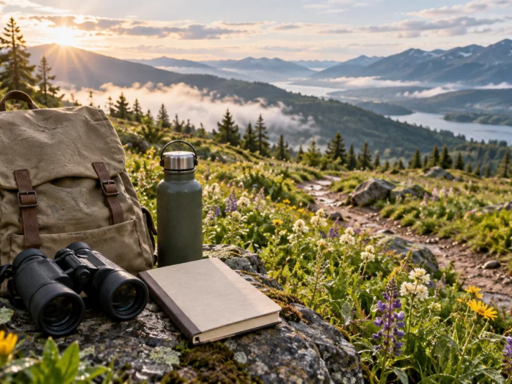 Field naturalist hiking gear arranged beside a forest trail.