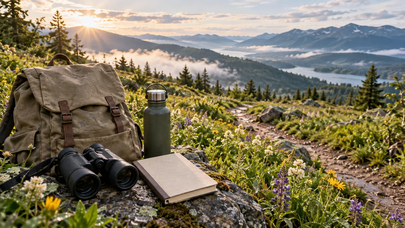 Field naturalist hiking gear arranged beside a forest trail.
