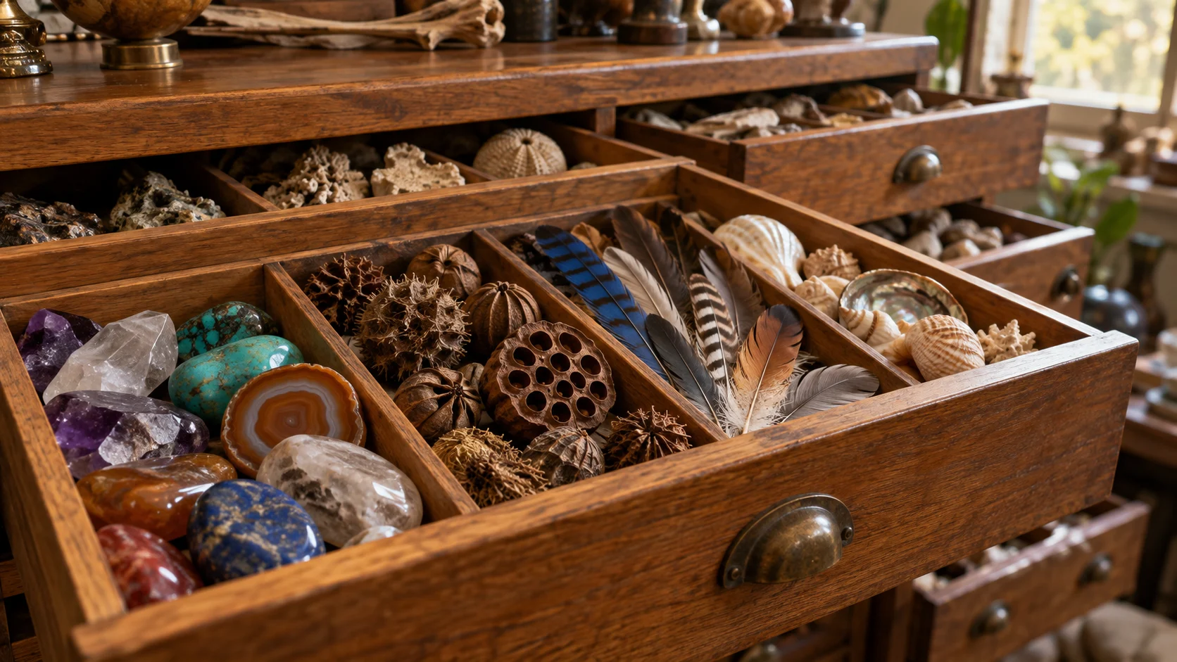 An open naturalist cabinet displaying minerals, feathers, and botanical specimens.