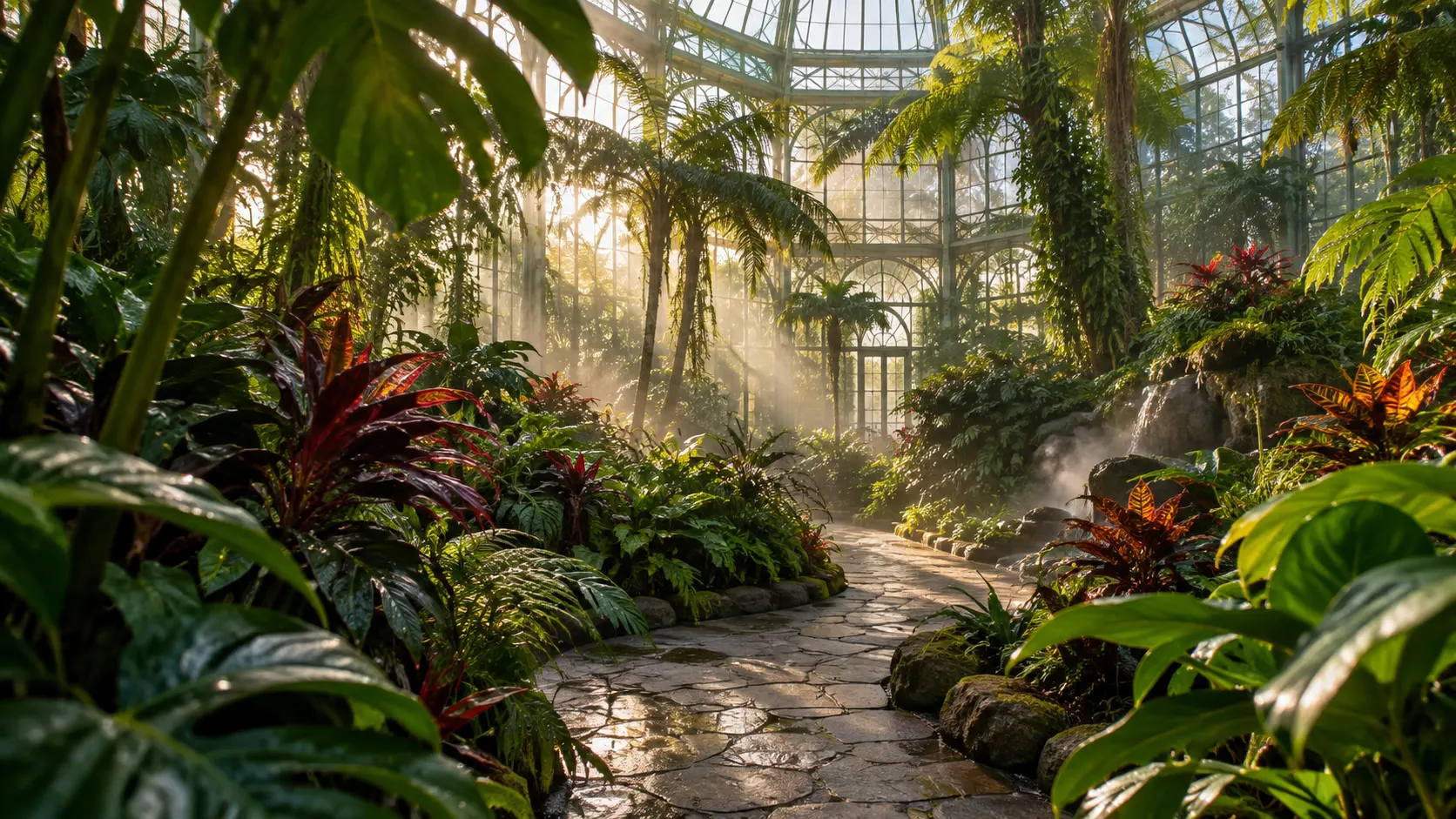 A lush tropical conservatory filled with palms and flowering plants.