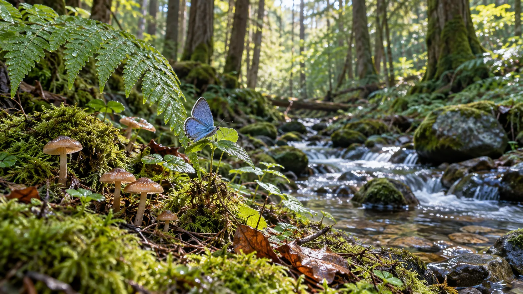 A butterfly resting near mushrooms and a clear woodland creek.