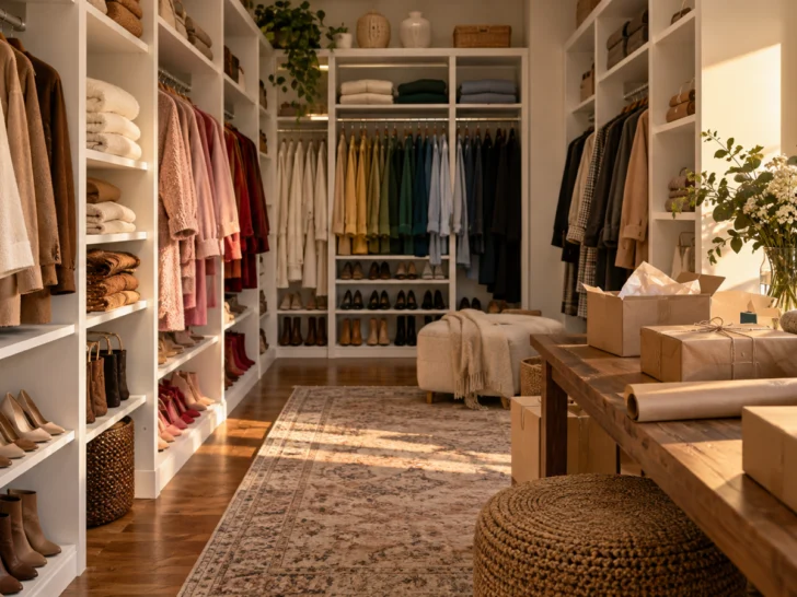 Color-sorted walk-in closet with plain parcels on a packing table