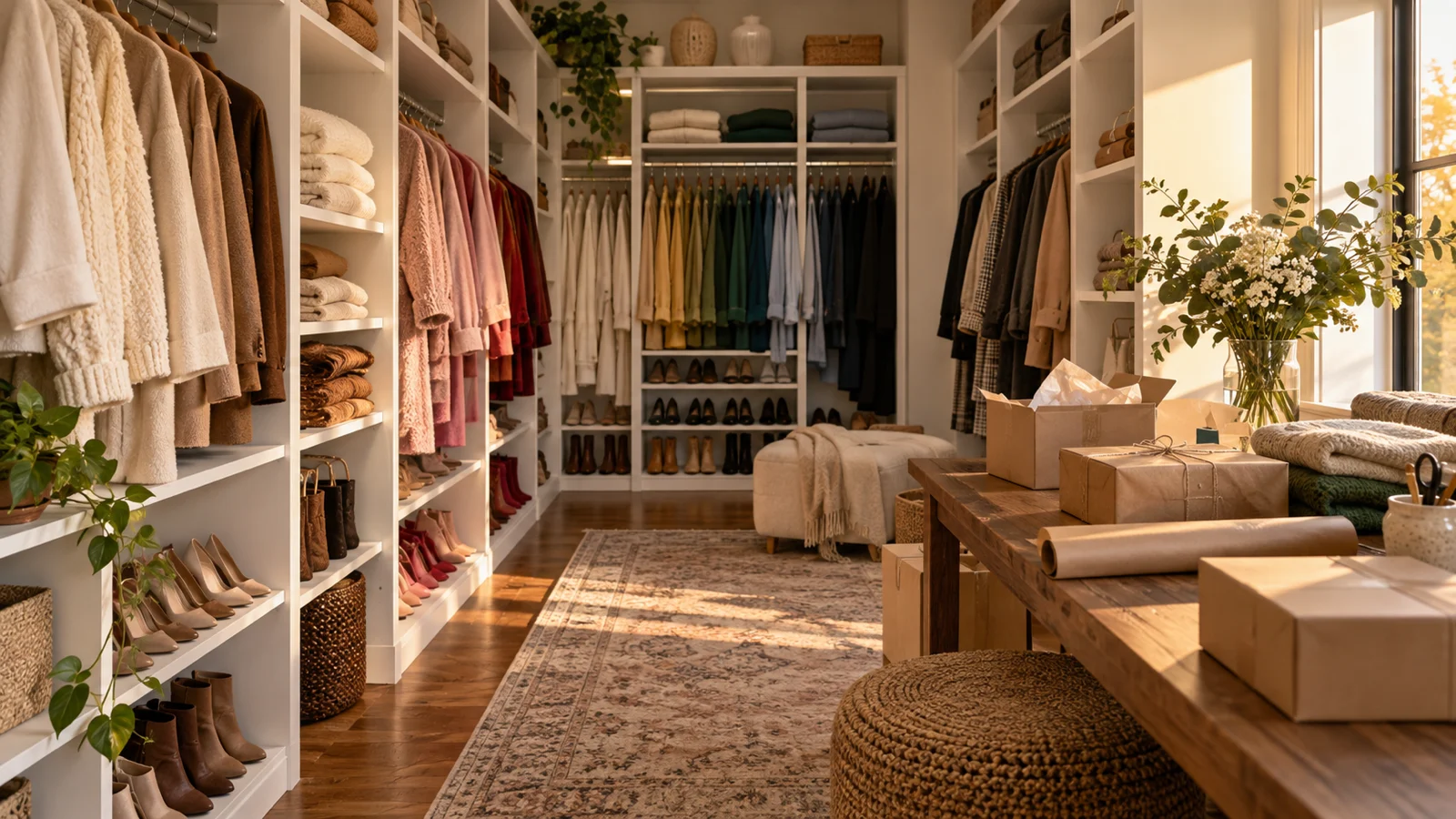 Color-sorted walk-in closet with plain parcels on a packing table