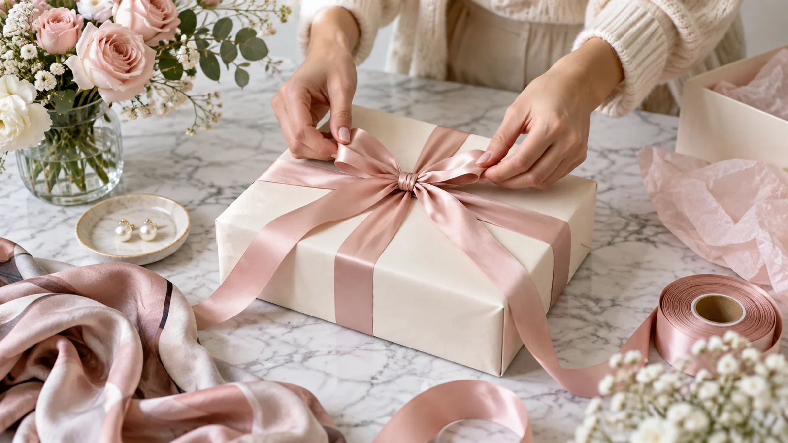 Anonymous hands tying ribbon around a blank parcel on an elegant packing table
