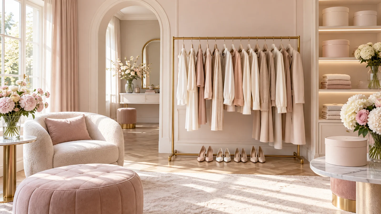 Blush and cream home boutique with a gold rack of label-free clothing