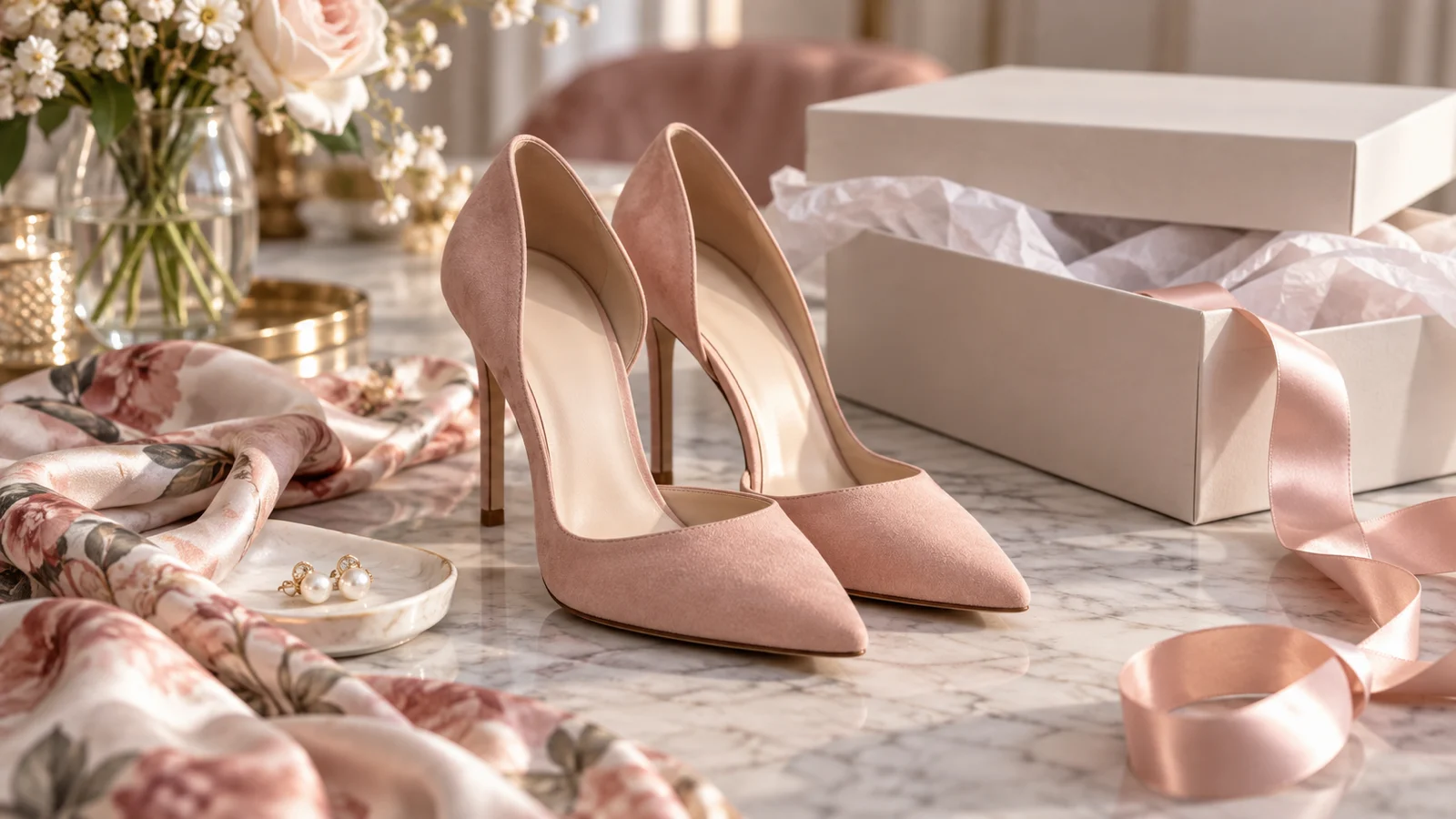 Blank blush heels silk scarf pearls and plain boxes on a marble styling table