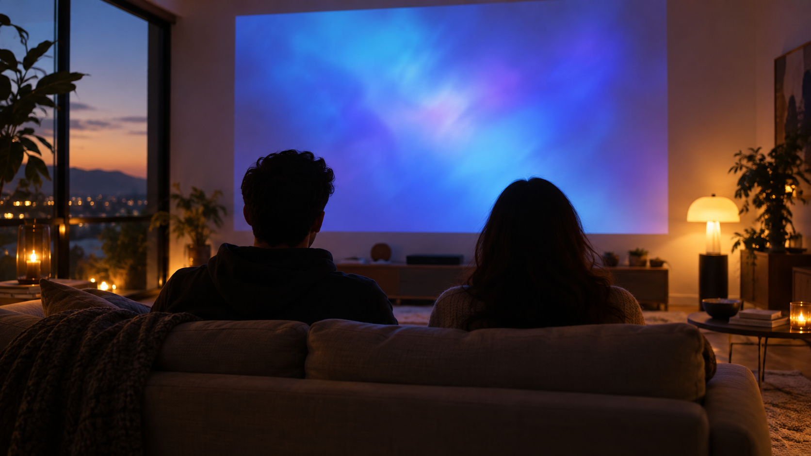 Two people watching an abstract living room projection