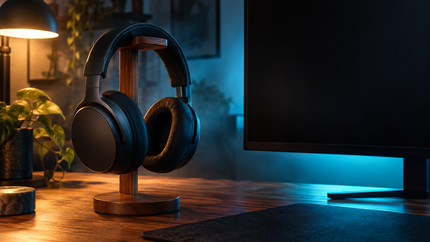 Plain headphones beside a blank display