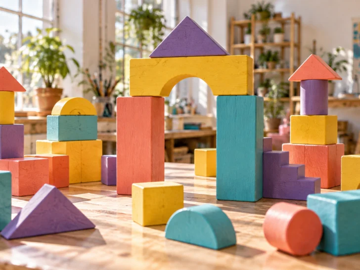 Colorful wooden blocks forming towers and an arch