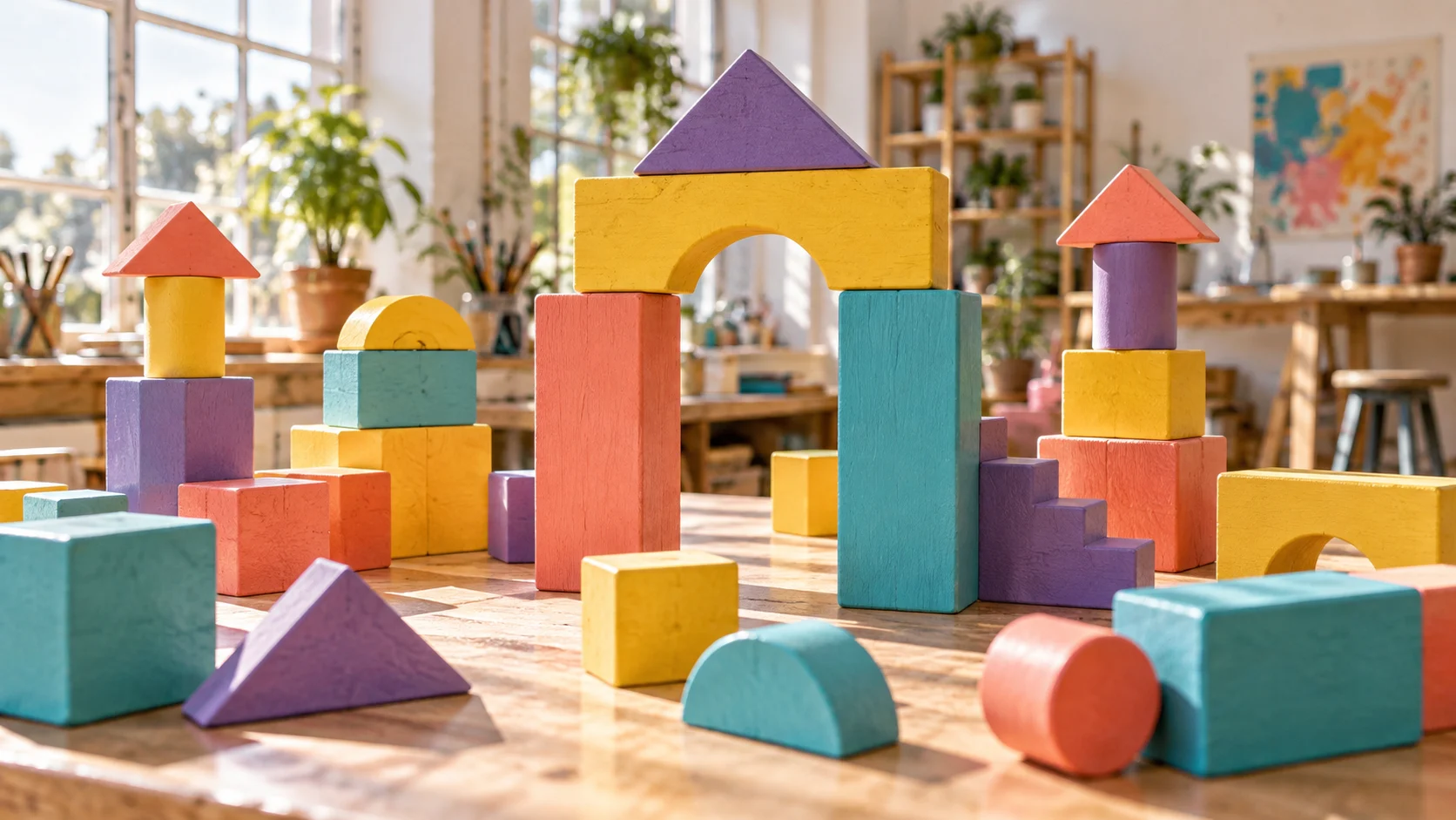 Colorful wooden blocks forming towers and an arch