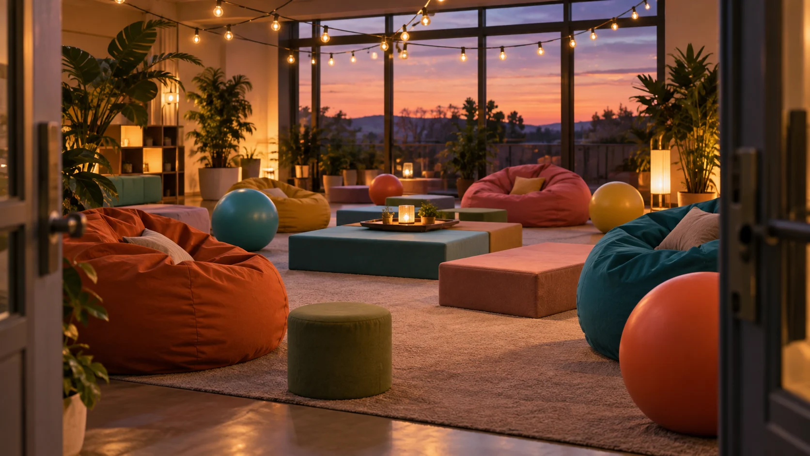 Colorful empty recreation lounge at sunset