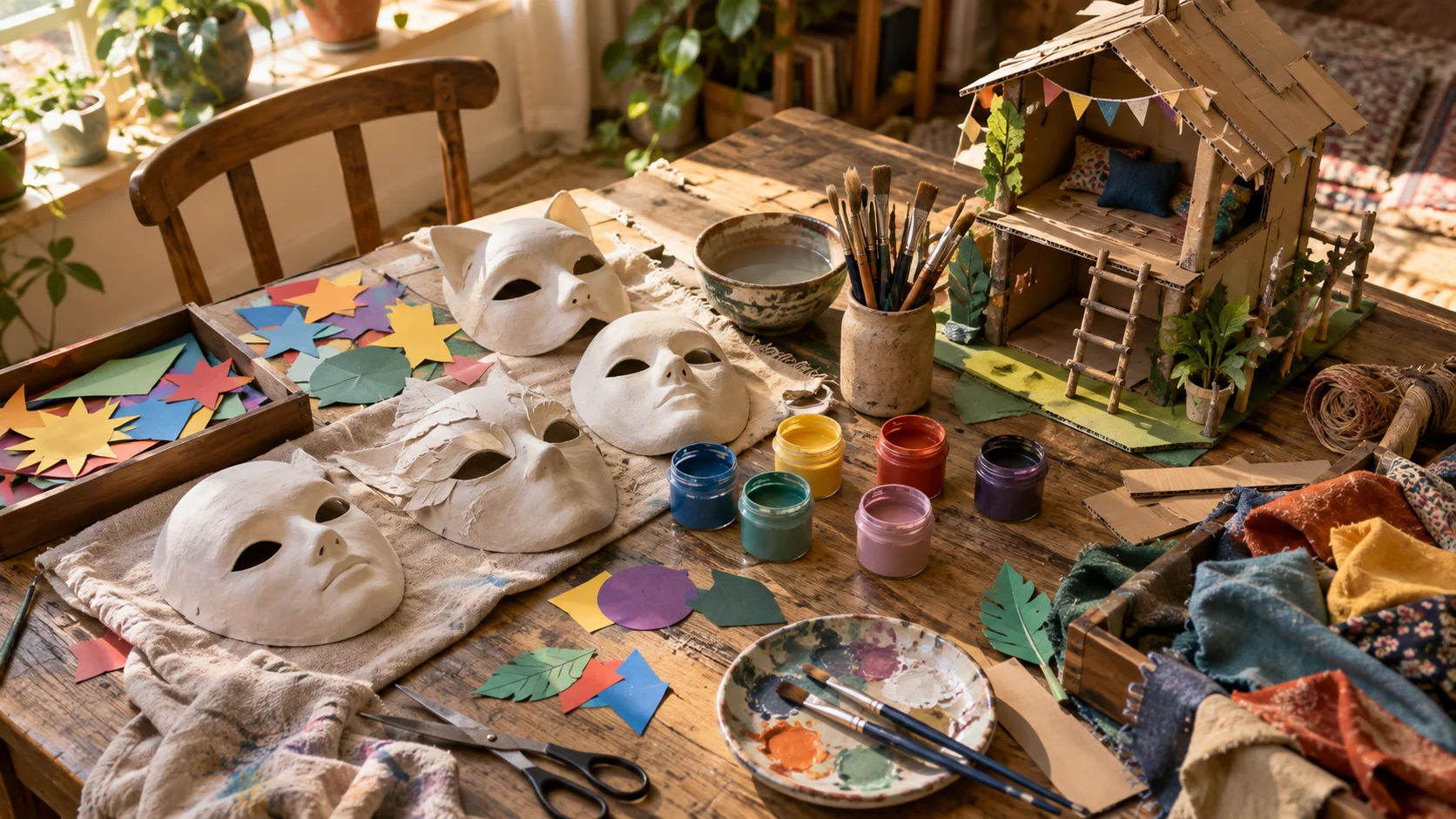 Craft table with masks and a cardboard clubhouse