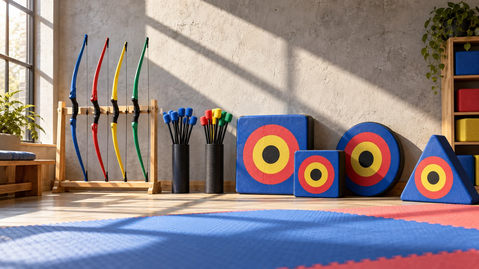 Colorful foam archery equipment in an activity room