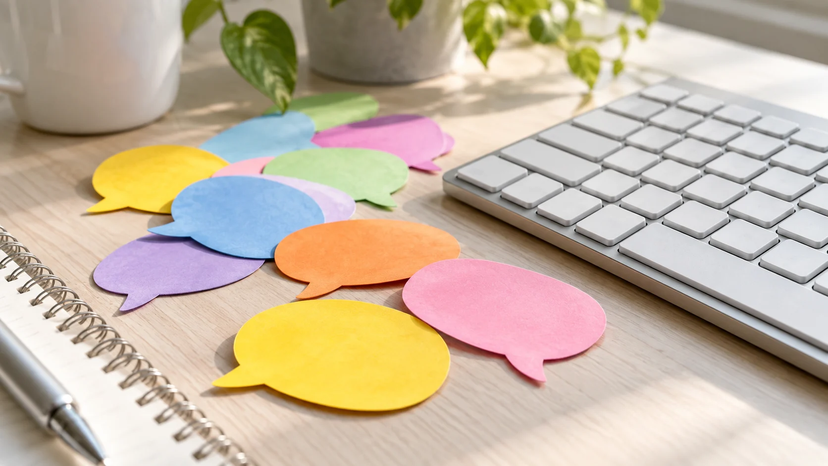 Colorful blank speech-bubble cards lie beside an unmarked keyboard.
