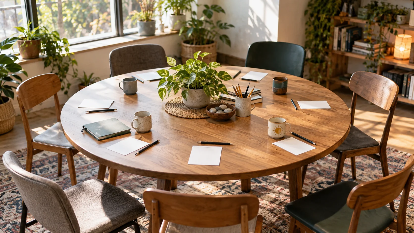 Blank cards and mugs surround an empty community workshop table.