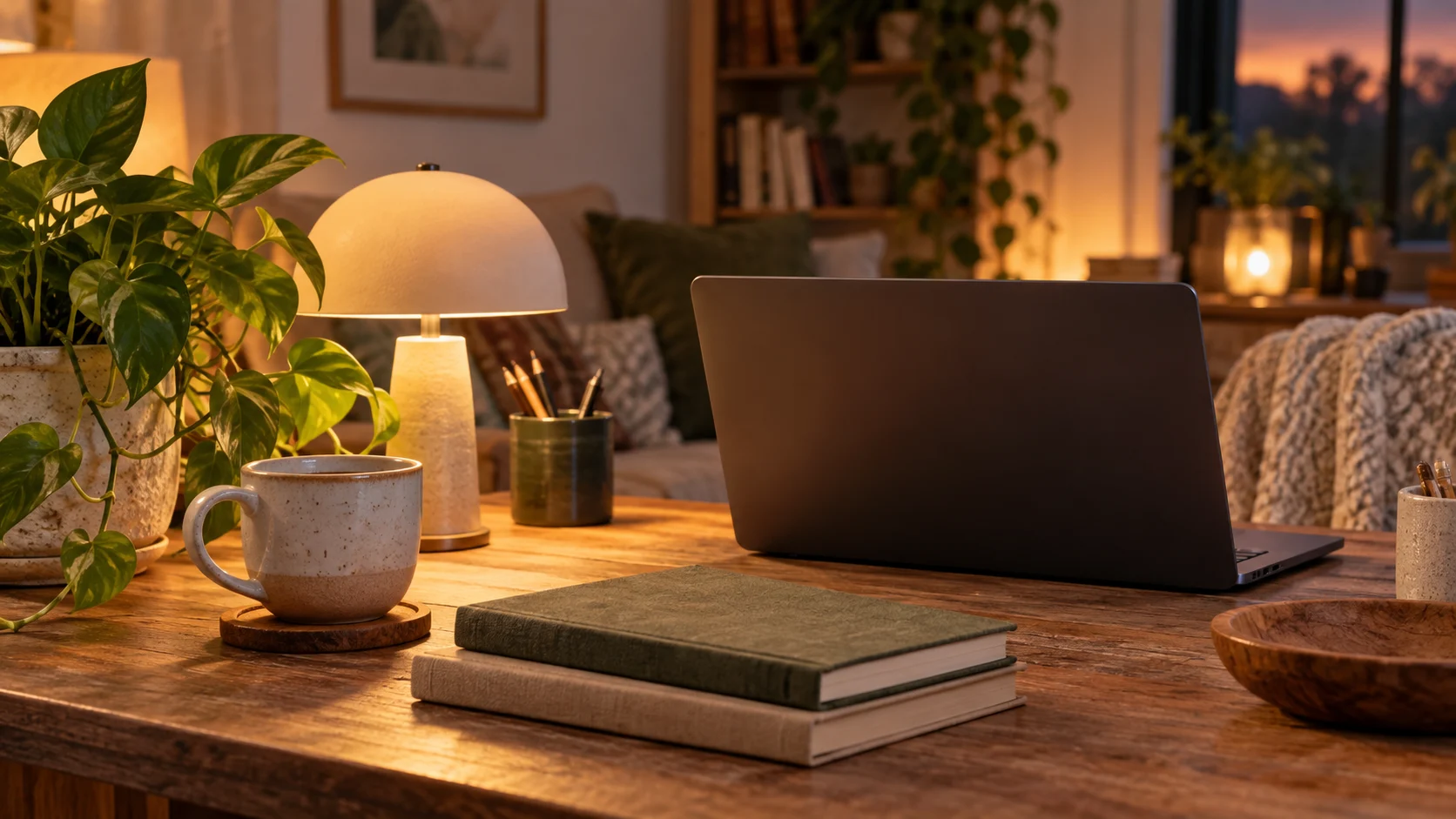 Plain journals and a blank laptop sit on a warmly lit discussion desk.