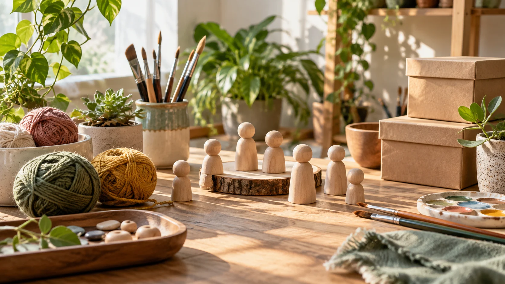 Wooden game pawns, yarn, plants, and craft supplies share a sunny hobby workbench.