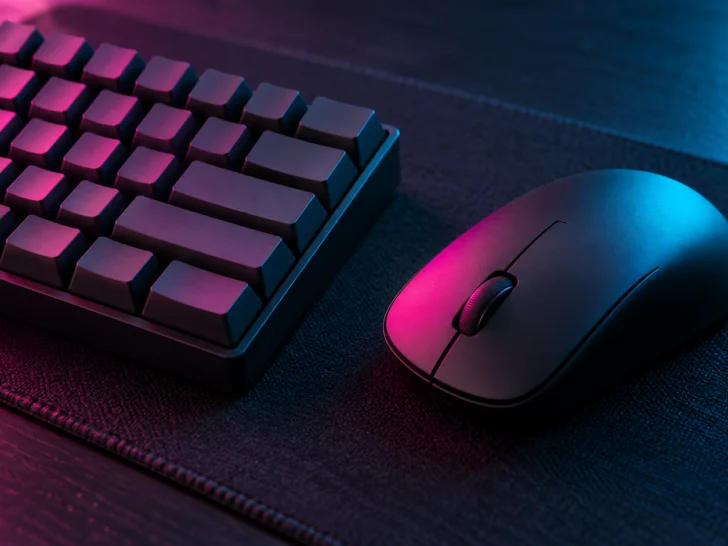 Blank keyboard and mouse under neon lighting
