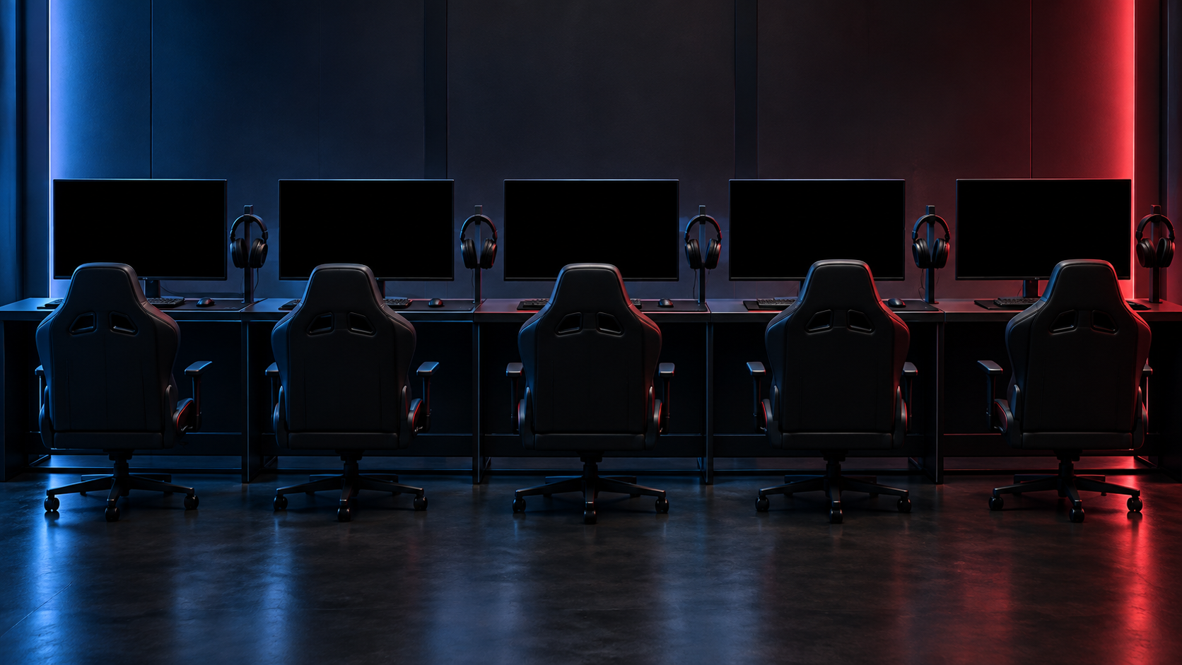 Five empty competitive gaming stations