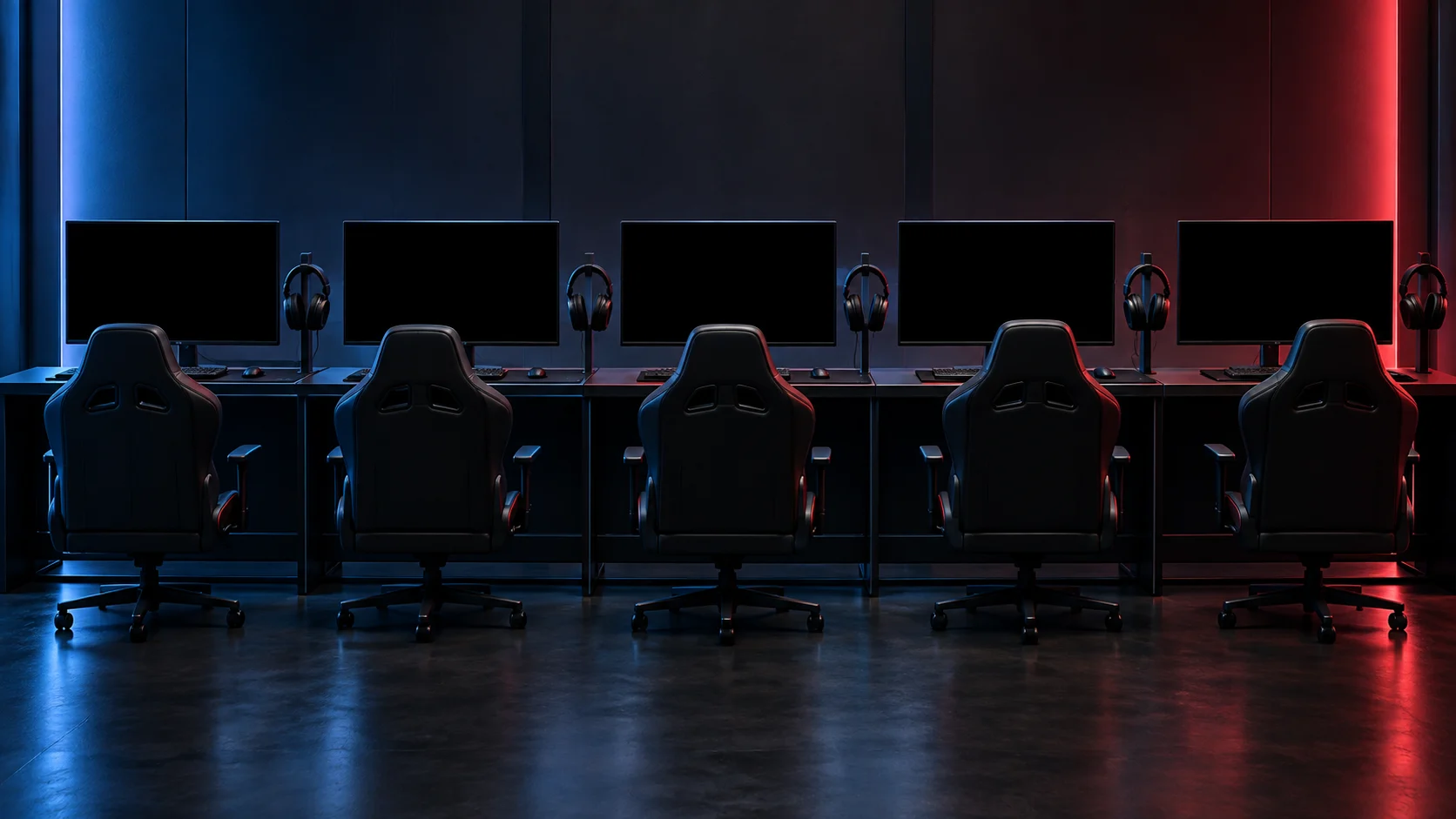 Five empty competitive gaming stations