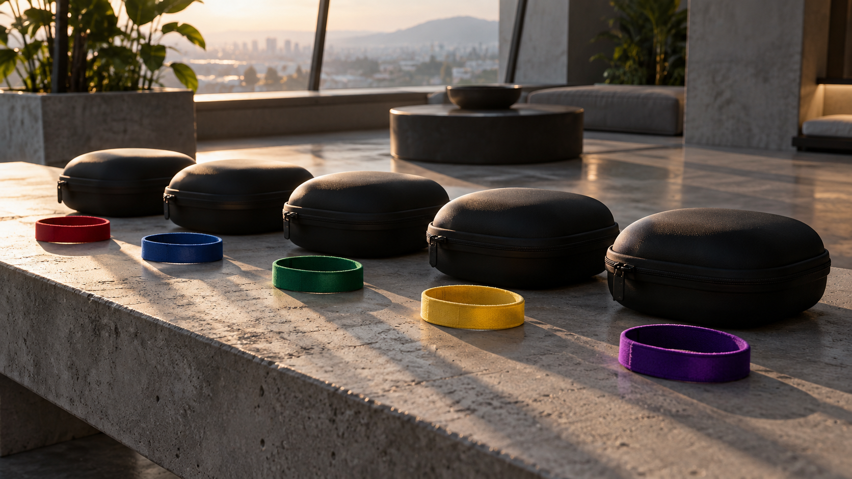 Five colorful wristbands beside plain headset cases