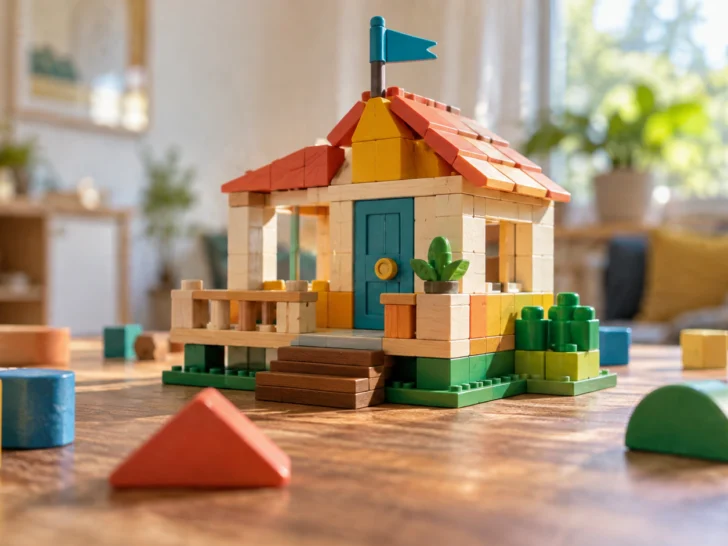 A tiny original block-built clubhouse stands among loose colorful shapes.