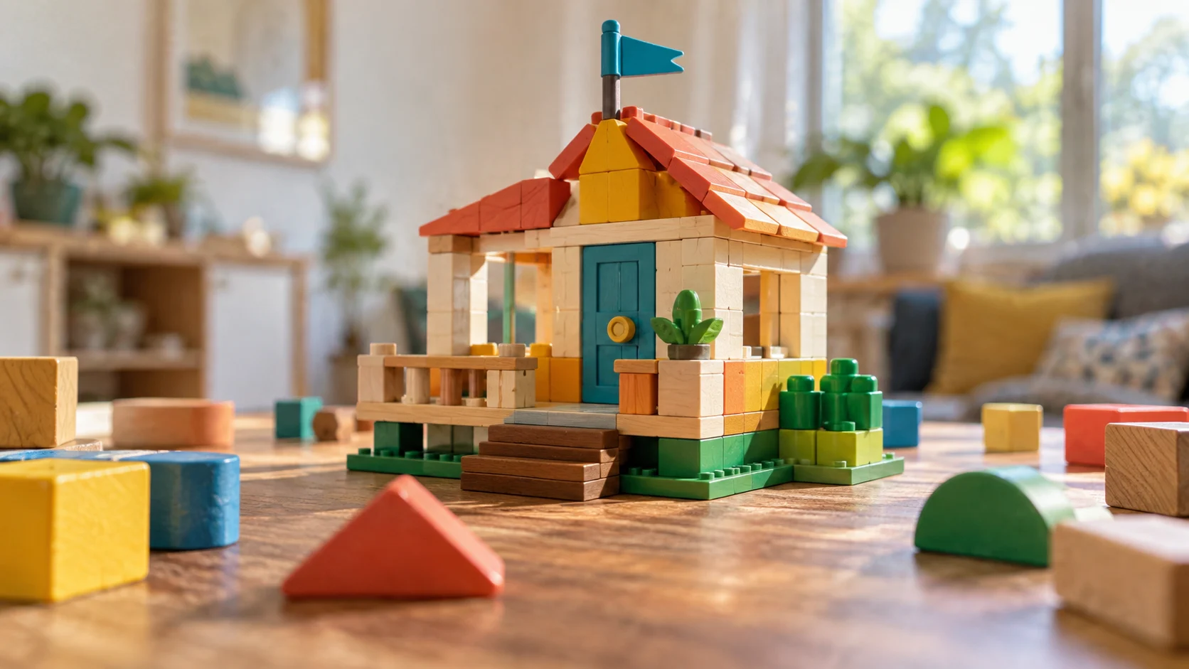 A tiny original block-built clubhouse stands among loose colorful shapes.