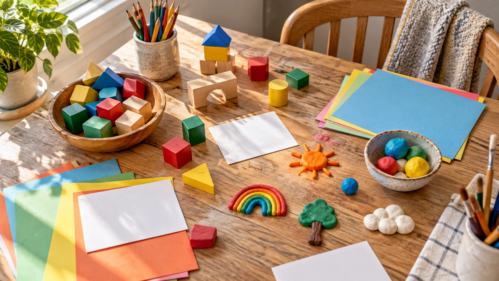 Colorful wooden pieces and clay shapes cover a bright family craft table.