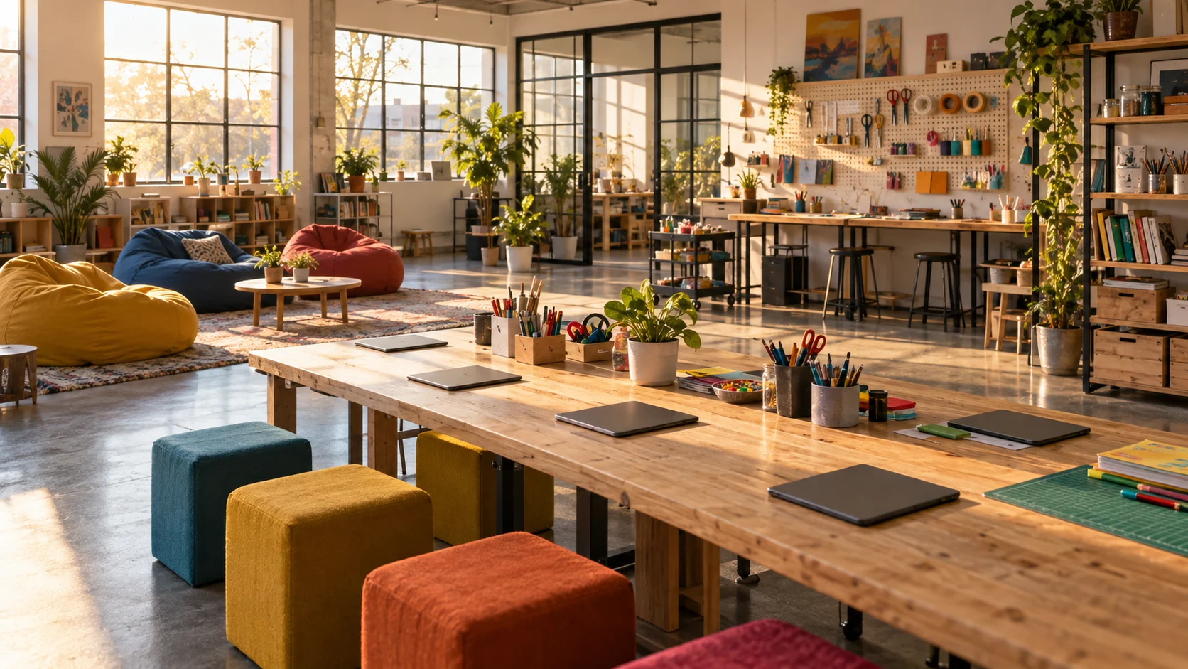 An empty maker space holds geometric blocks, face-down tablets, beanbags, and craft supplies.